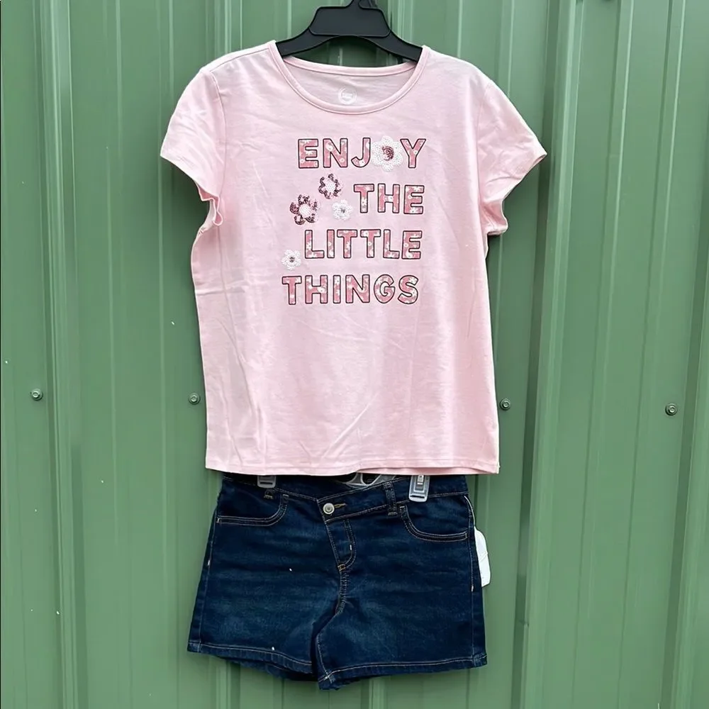 Girls Summer T-Shirt & Denim Shorts 2 Piece Set Size L